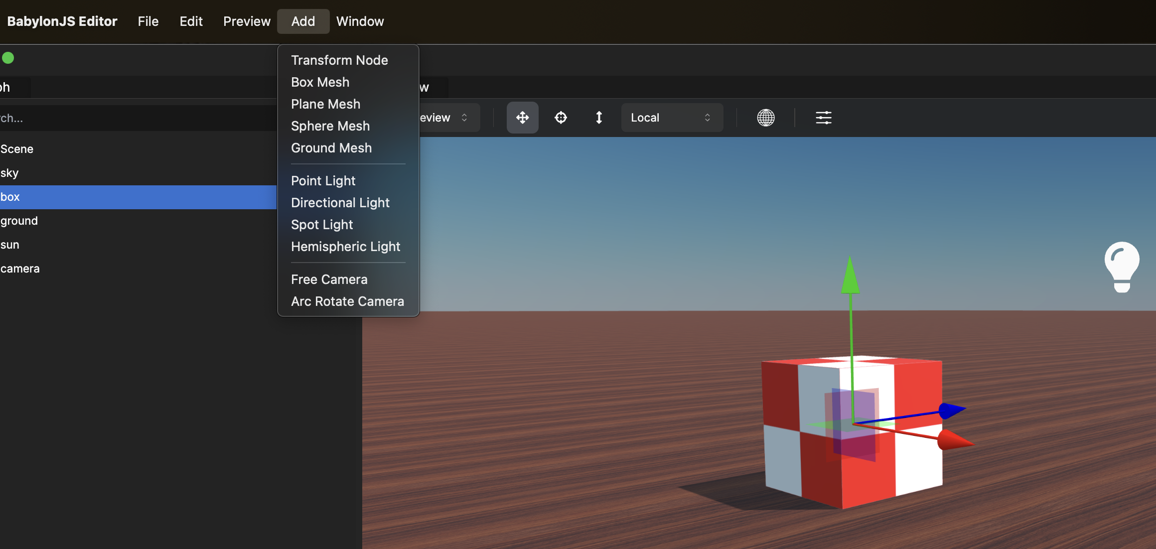 Adding objects in Babylon.js Editor